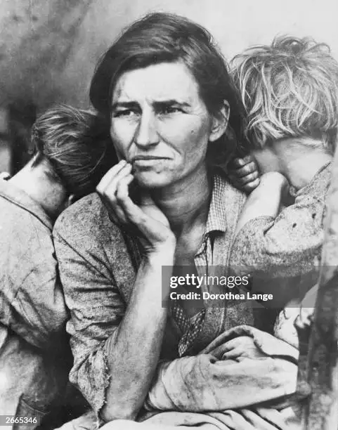 Dorothea Lange’s Migrant Mother with a visible Getty Images watermark across the photograph.